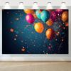 A 2D flat banner background for home decoration, featuring colorful balloons and confetti.