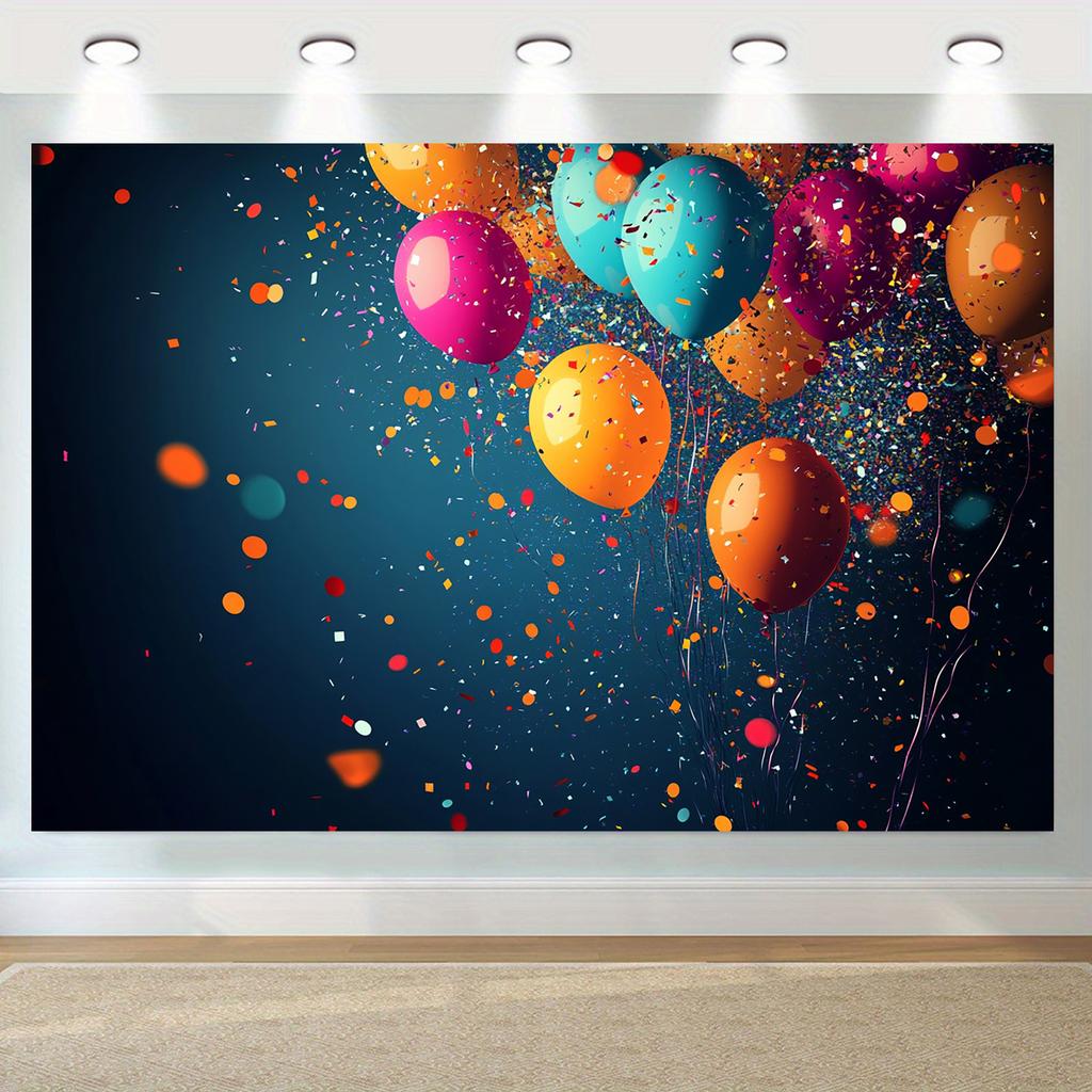 A 2D flat banner background for home decoration, featuring colorful balloons and confetti.