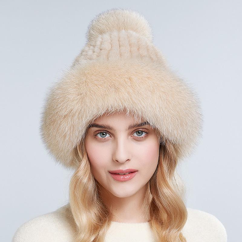 Genuine Mink Fur Beanie Hat Winter Womens Fox Brim Hats Thick Warm Fox Fur Caps With Pompom Fashion Fur Knit Beanies