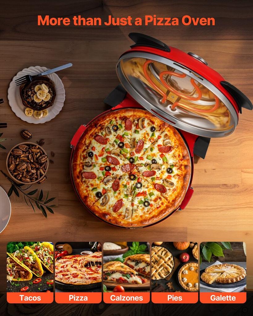 Pizza Oven, 304.8 mm Electric Pizza Maker, 1200W Electric Pizzas Cooker with Cordierite Stone, 5-Mode Temperature Control, Viewing Window for Precise