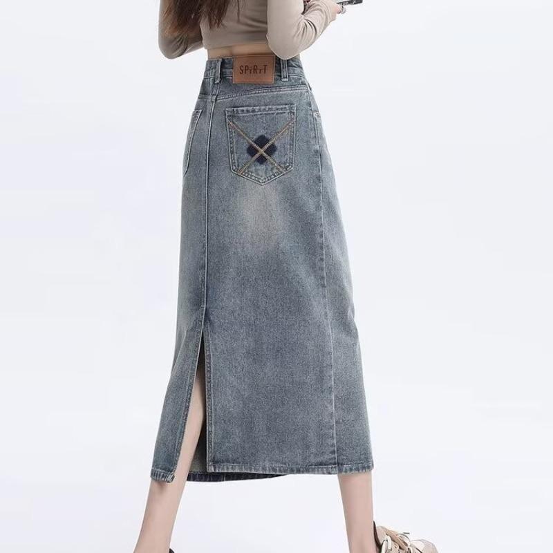 

Женская джинсовая миди-юбка с высокой посадкой и разрезом - А-силуэт, облегающий бедра, для весны и осени 2025 2XL: 133-145 lbs