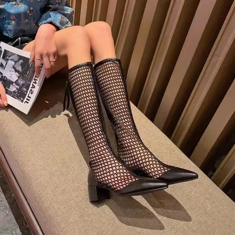 Women Summer Boots 2025 Thick Heel Mesh Boots Pointed Mid-heel High Boots New Gladiator Zipper Breathable Sandalias De Mujer