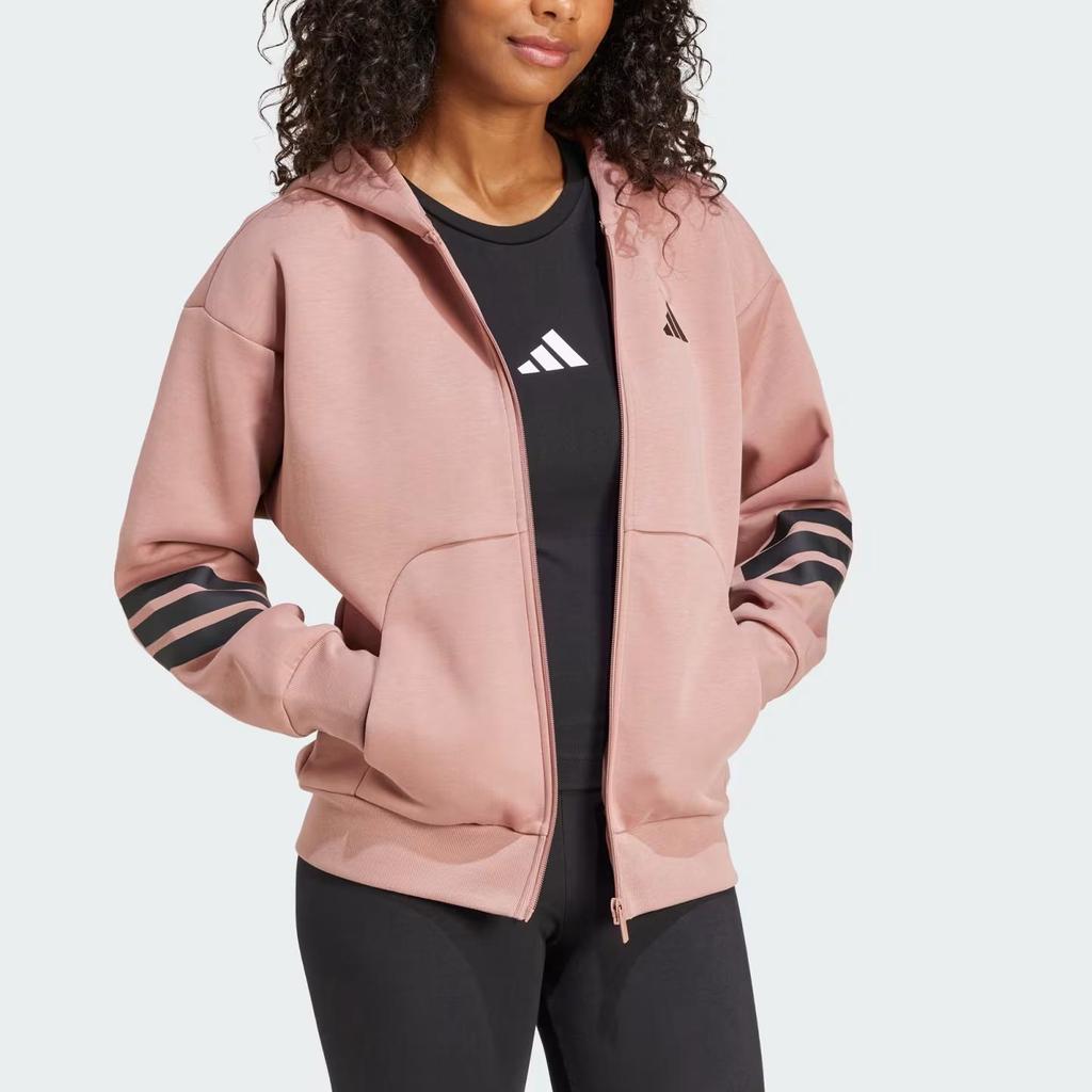 adidas Essentials Series Striped Zip-Up Hooded Sweatshirt Women Long Sleeve Daily Outerwear Warm Clay JE0177