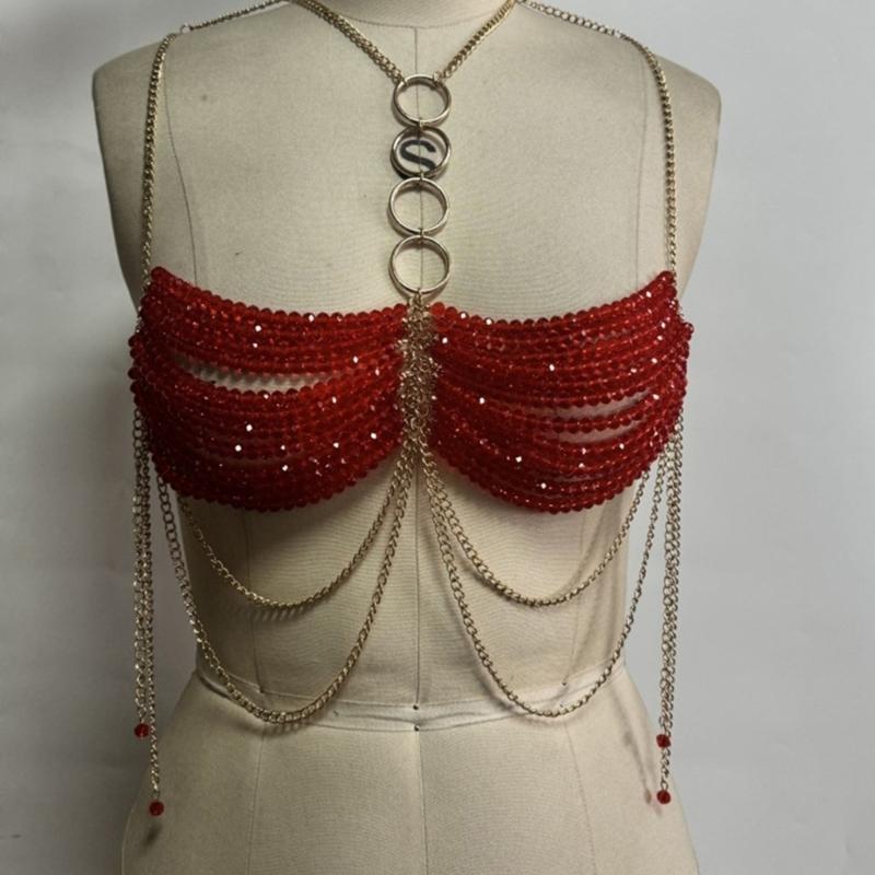 Fashionable Red Beaded Halter Neck Bra Chest Chain Body Jewelry Camisole Vest Crop Top for Women Beachwear Festivals