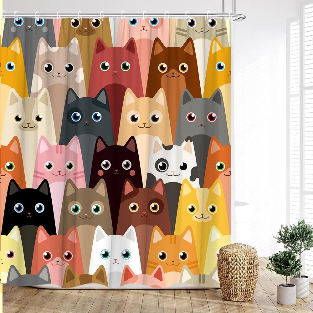 Cartoon Animal Shower Curtain with Funny Cat and Dog Paws Cute Kids Shower Print Family Bathroom Decoration with Hooks