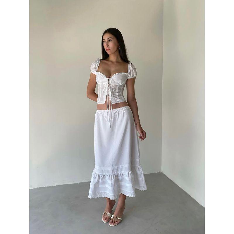 Luodao White Bell Summer French Pure Desire Wind Lace Lace Band Puff Sleeves Top and Skirt Vacation Suit