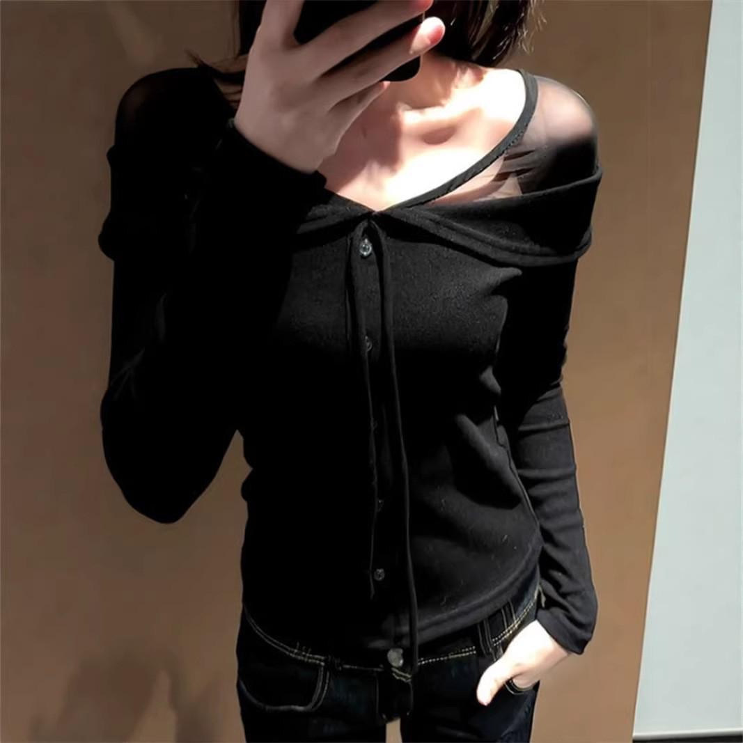 Women s French Mesh Lace-up One-Shoulder Long-Sleeve Slim-fit Spring Top L чёрный