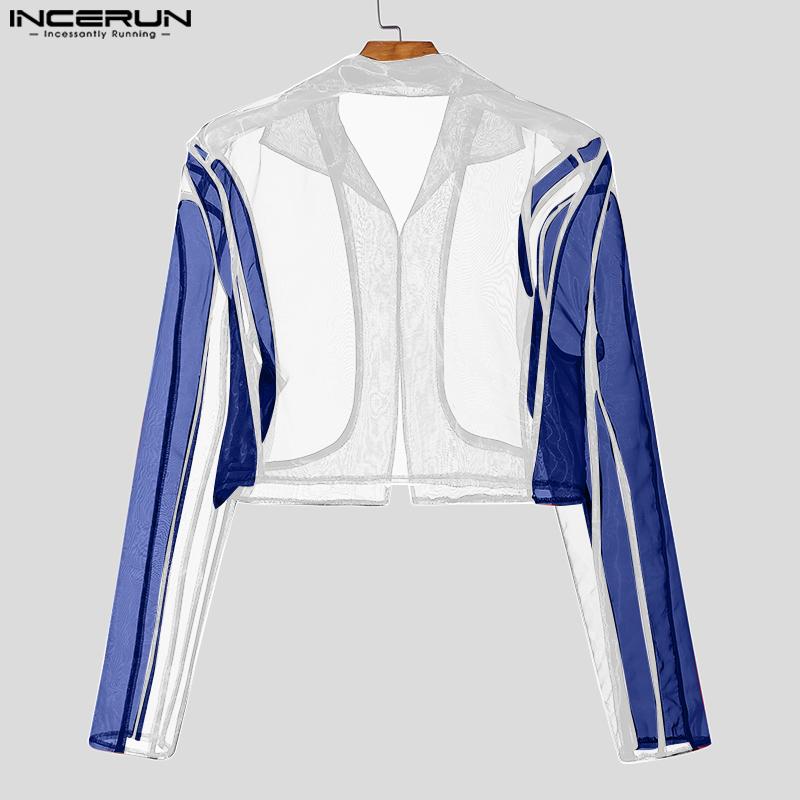INCERUN Sexy Men Stitching Perspective Long-sleeved Mesh T-shirt Tops