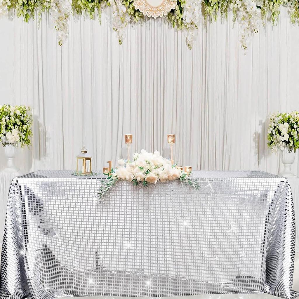 54 x 108 Inches Disco Party Tablecloth Mirror Silver Foil Table Cloth Glitter Metallic Table Cover Sparkle Table Runner for 70s 80s Disco Dance Party