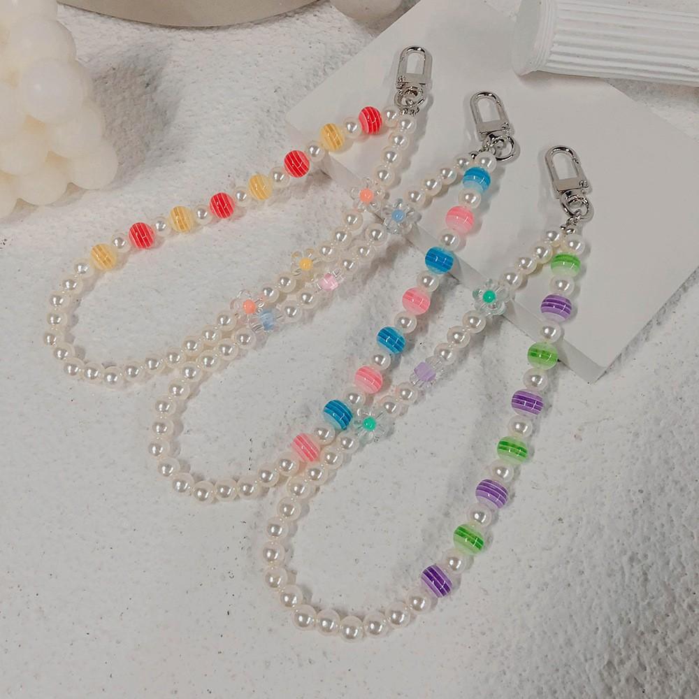 INS handmade string colored striped beads pearl flower anti-loss portable diagonal cross hand carry fashion chain mobile phone chain