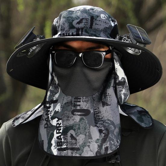 Pălărie solară cu ventilator cu clapă pentru gât Protecție facială cu boruri largi, protecție UV, ventilator de răcire, pălărie de pescuit, reîncărcabilă, pliabilă, pentru bărbați, în aer liber, pentru drumeții, pălărie de soare.