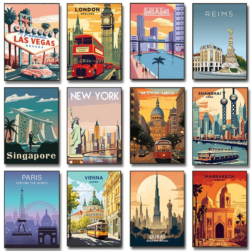 Retro Vibrant Cityscape Street Scene Posters London Double Decker Bus Prints Canvas Painting Wall Art Pictures Home Room Decor