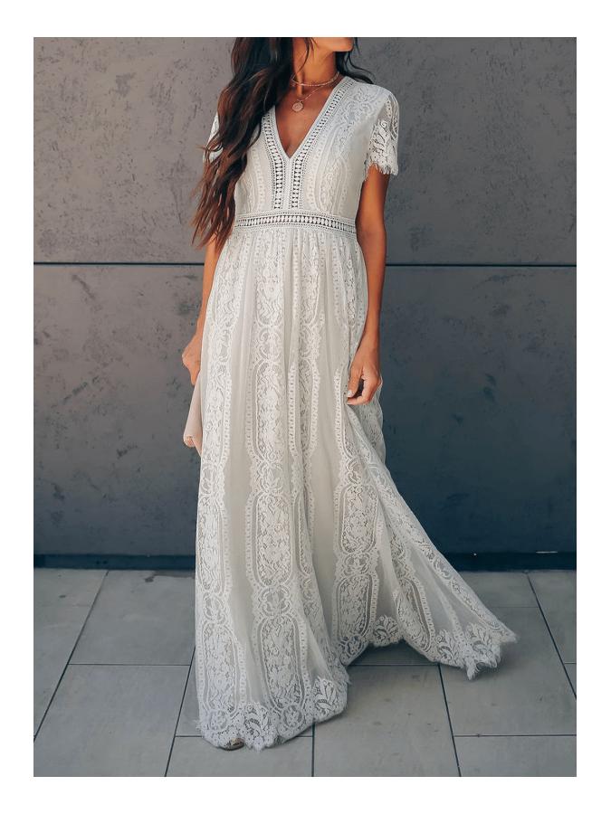 European & American Lace V-neck Short Sleeve Dress