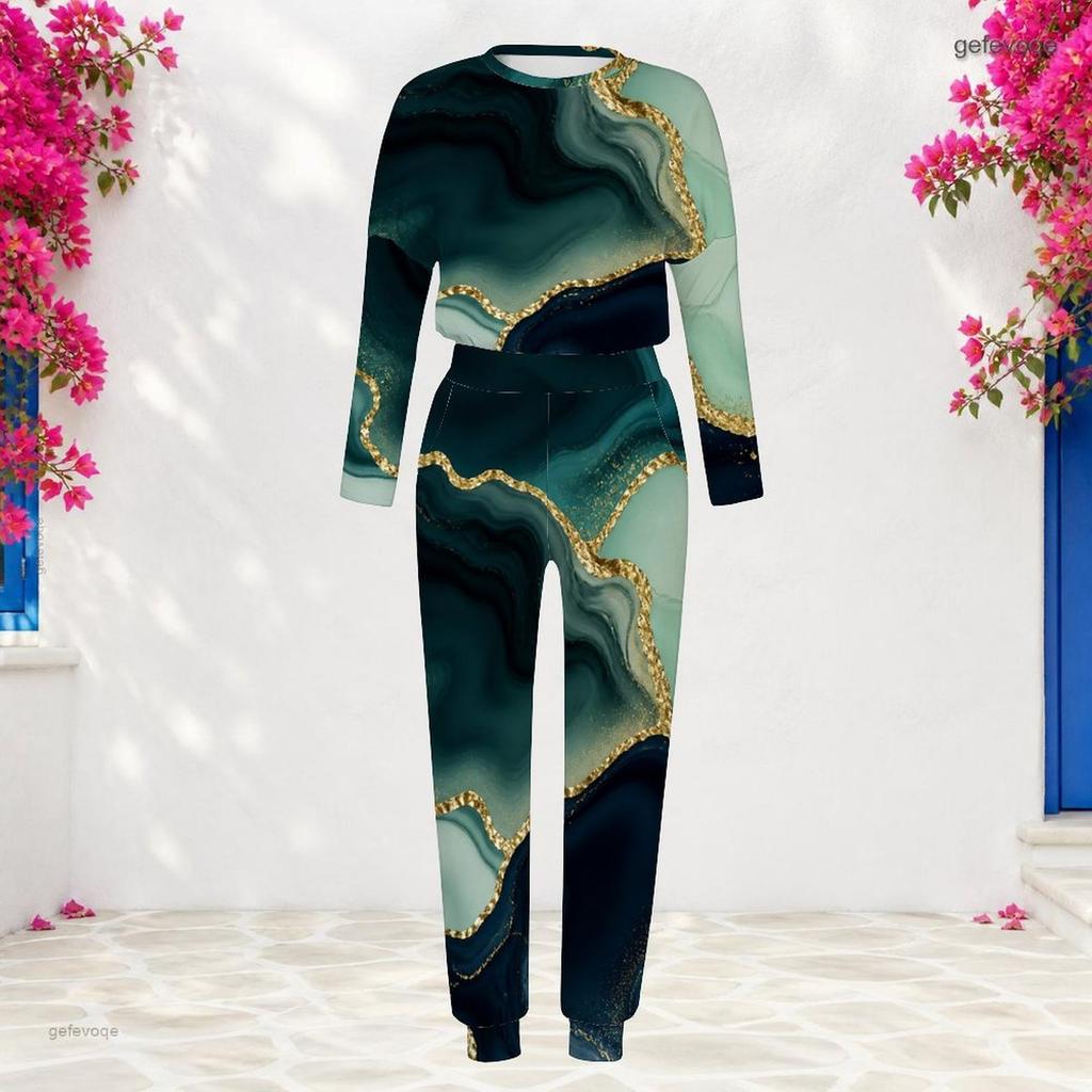 Women Plus Size Printed Turquoise Blue Round Neck Long Sleeve Top Cuffed Pants Two Piece Set With Pockets