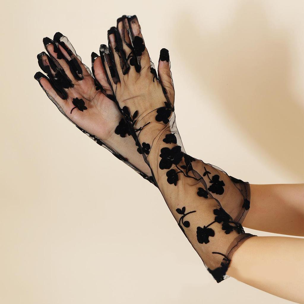 Long Lace Gloves Banquets Dress Gloves Vintage Prom Party Flower Pattern Gloves Elastic Evening Party Adult Gloves