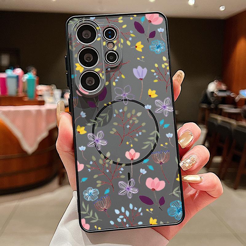 

Чехол с мультяшным цветочным узором для Samsung Galaxy S26 Ultra S25 Edge S24 Plus S23 FE S22 A54 A55 A56 5G Магнитный для Magsafe Матовый чехол Samsung S25 Ultra чёрный