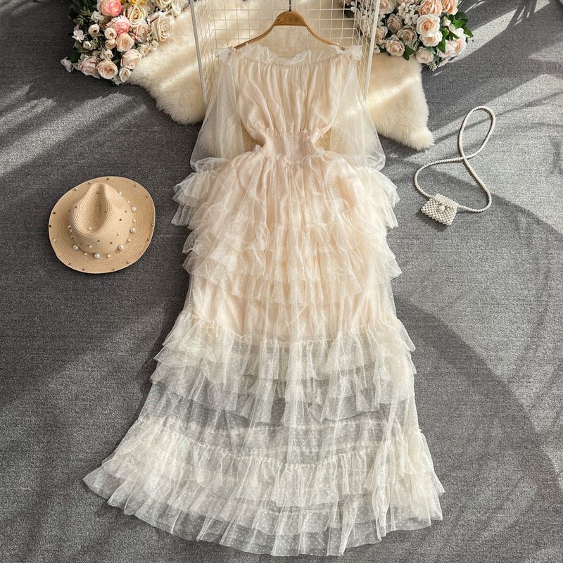 

Элегантное сетчатое платье А-силуэта с открытыми плечами и пышной юбкой Apricot All yards