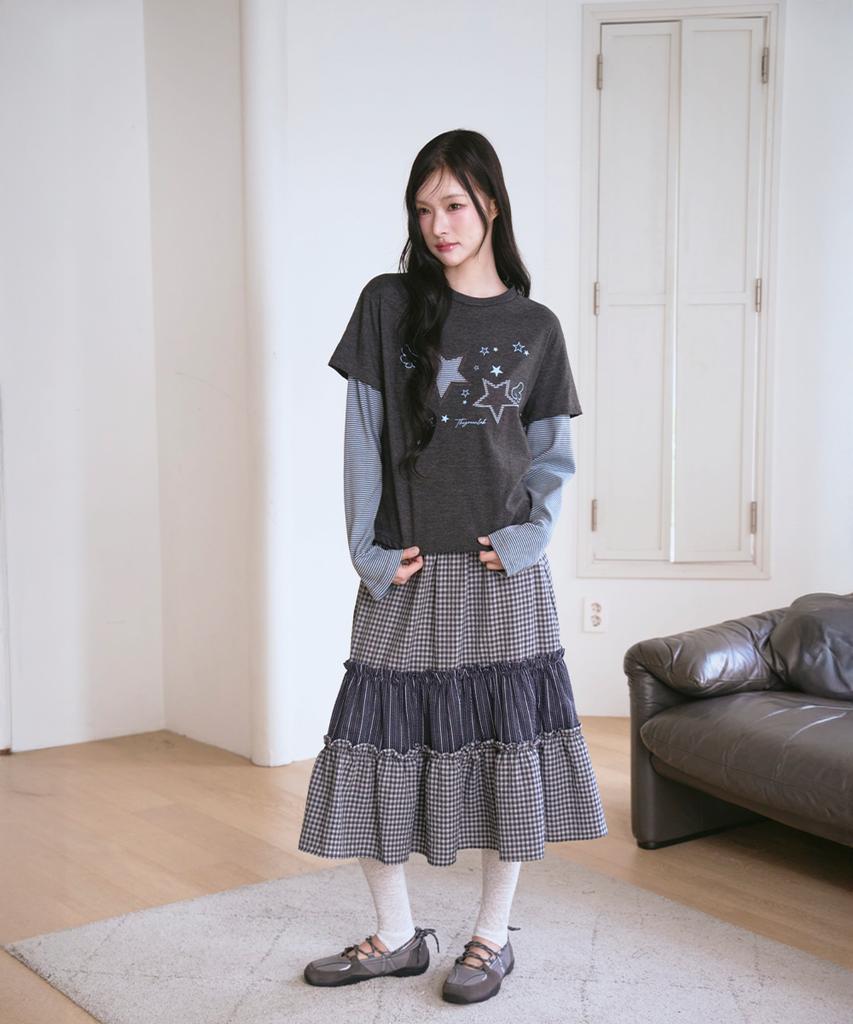 THE GREEN LAB Star Patch St Layered T-Shirt [Charcoal Gray]