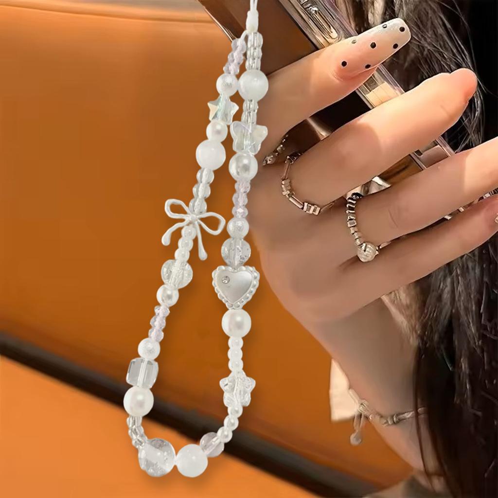 Korean Cute White Star Pearl Beads Phone Chain Trendy Pendant For iPhone For Camera Universal Accessories Lanyard Hanging Rope