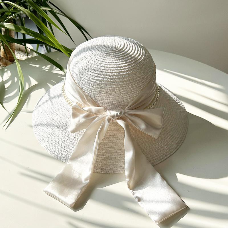 Hat Style Versatile Straw Woven Elegant Pearls Bow Womens Retro Sunshade Hats