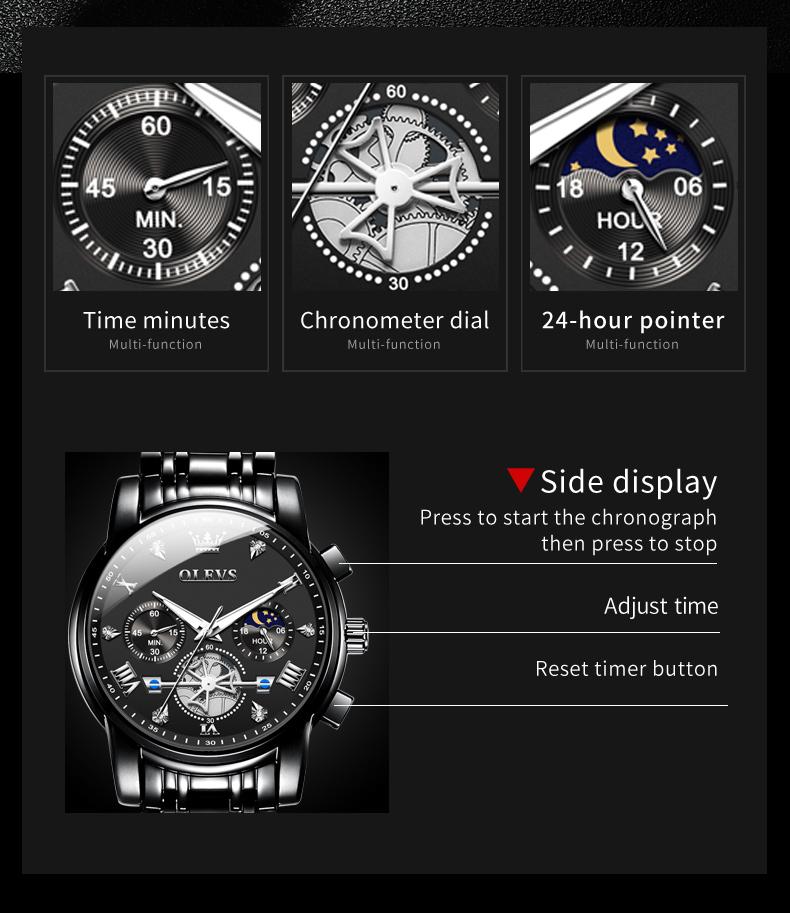 OLEVS Original Quartz Watch for Men Trendy Skeleton Flywheel Design Waterproof 24 Hour Moon Phase Chronograph Men's Watches 2856