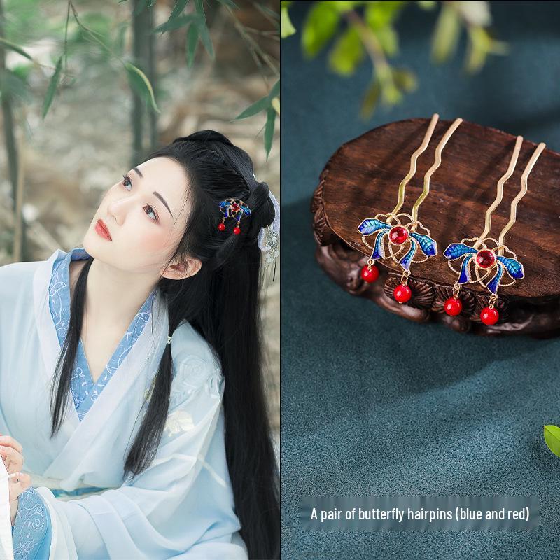 Tang Style Butterfly Flower Hanfu Hairpins - Simple Versatile U-Shaped Hair Accessories.