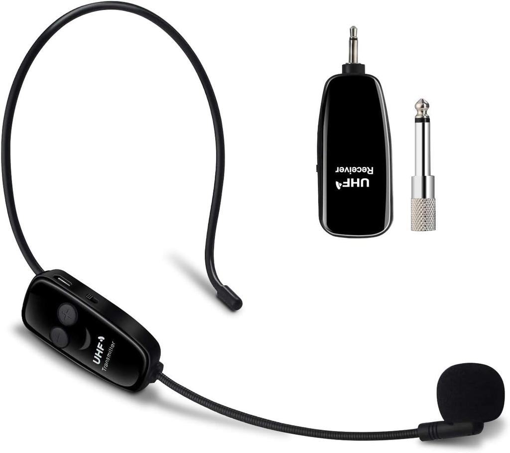 Bezdrátový mikrofon Oulou, UHF náhlavní mikrofon, 50metrový dosah přenosu, automatické párování, ovládání hlasitosti, typ za ucho, přenosný pódiový reproduktor,