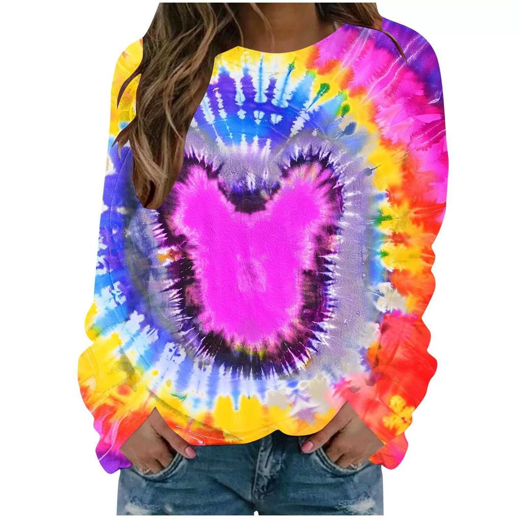 Round Neck 3D Tie Dye Rabbit Printed Top Fashionable Casual Long Sleeved Women's T-shirts