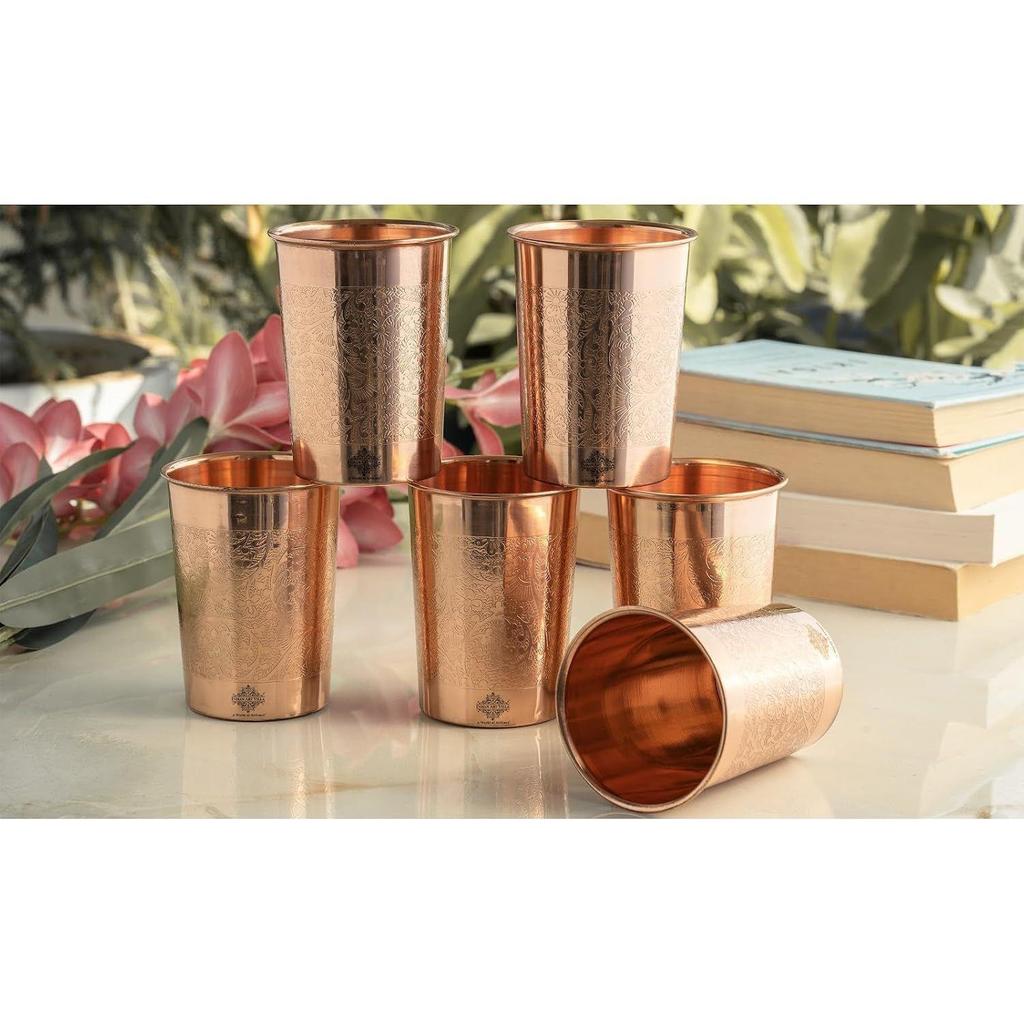 Pure Copper Embossed Design Glass - 275 ML, Copper Tumbler for Water Drinking, Elegant Drinkware & Serveware, Set of 6