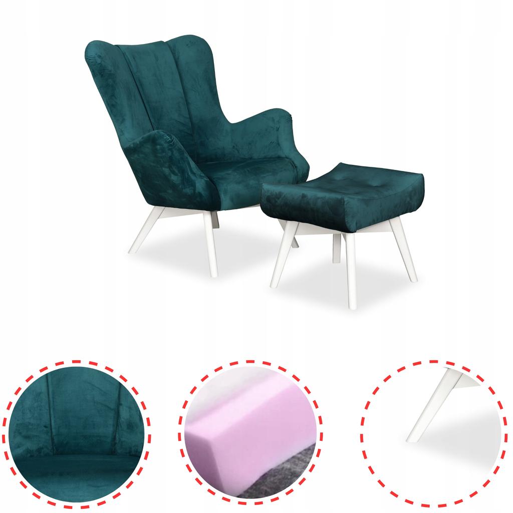 Fotel skandynawski Vika z podnóżkiem pufą profilowany Family Meble turkus