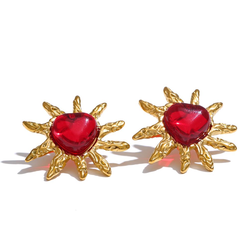 Yhpup Stainless Steel Green Stone Red White Resin Heart Love Stud Earrings for Women Fashion Daily Jewelry