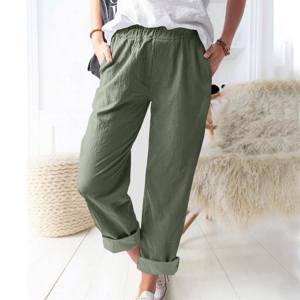 Damen Leinen Weite Hosen Elastischer Bund Lässige Lockere Hosen mit Taschen Leichte Alltags Hosen