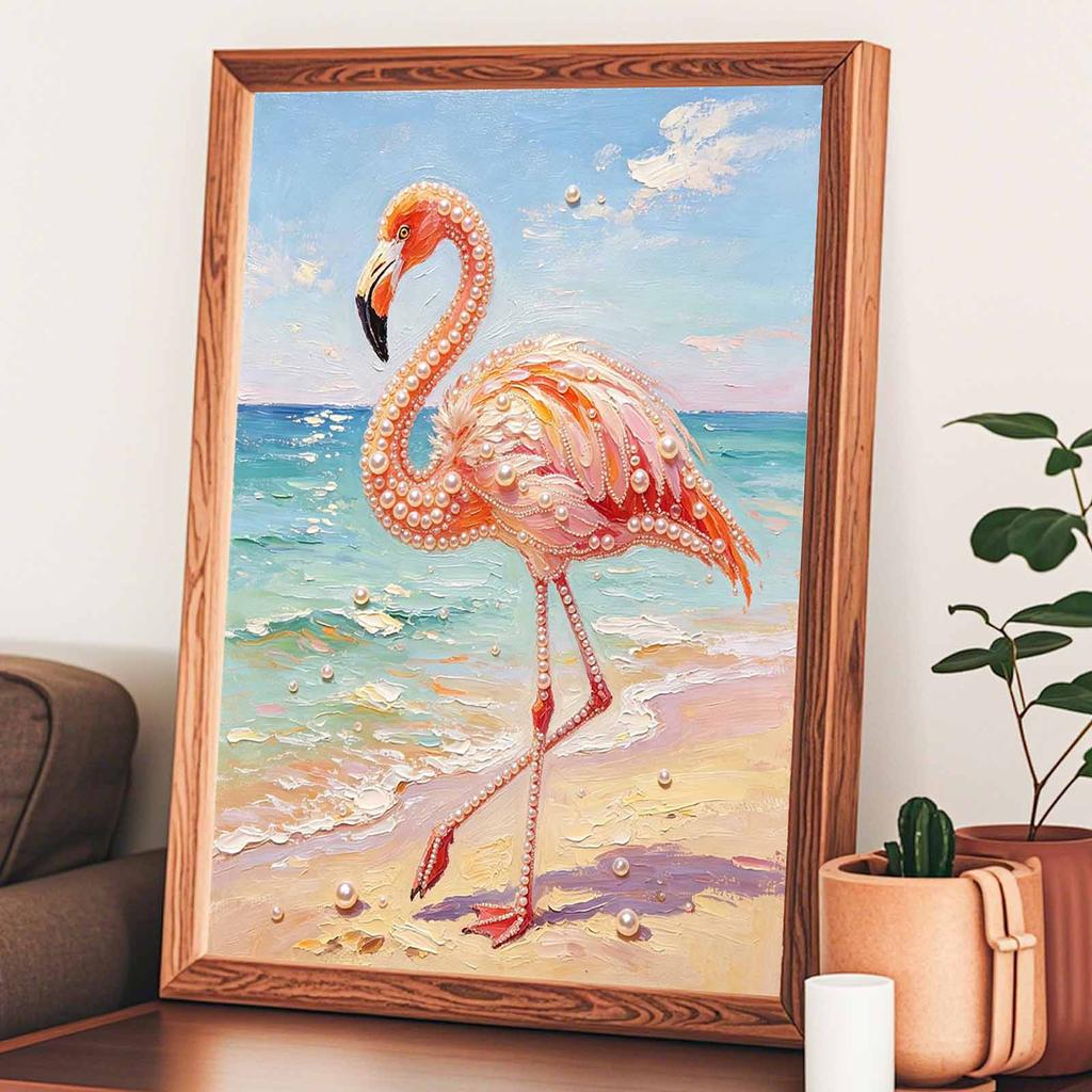 Framed Pearl Painting Kit Flamingo Bird Tropical Beach Scene DIY 3D Bead Art Canvas Relaxing Handmade Craft for Adults Art Decor Gift