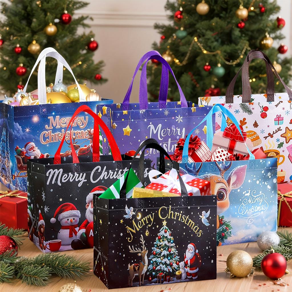 5pcs Large Christmas Gift Bags with Handles - Extra-Large Party Favor Bags- Reusable Santa, Snowman, Christmas Tree Designs