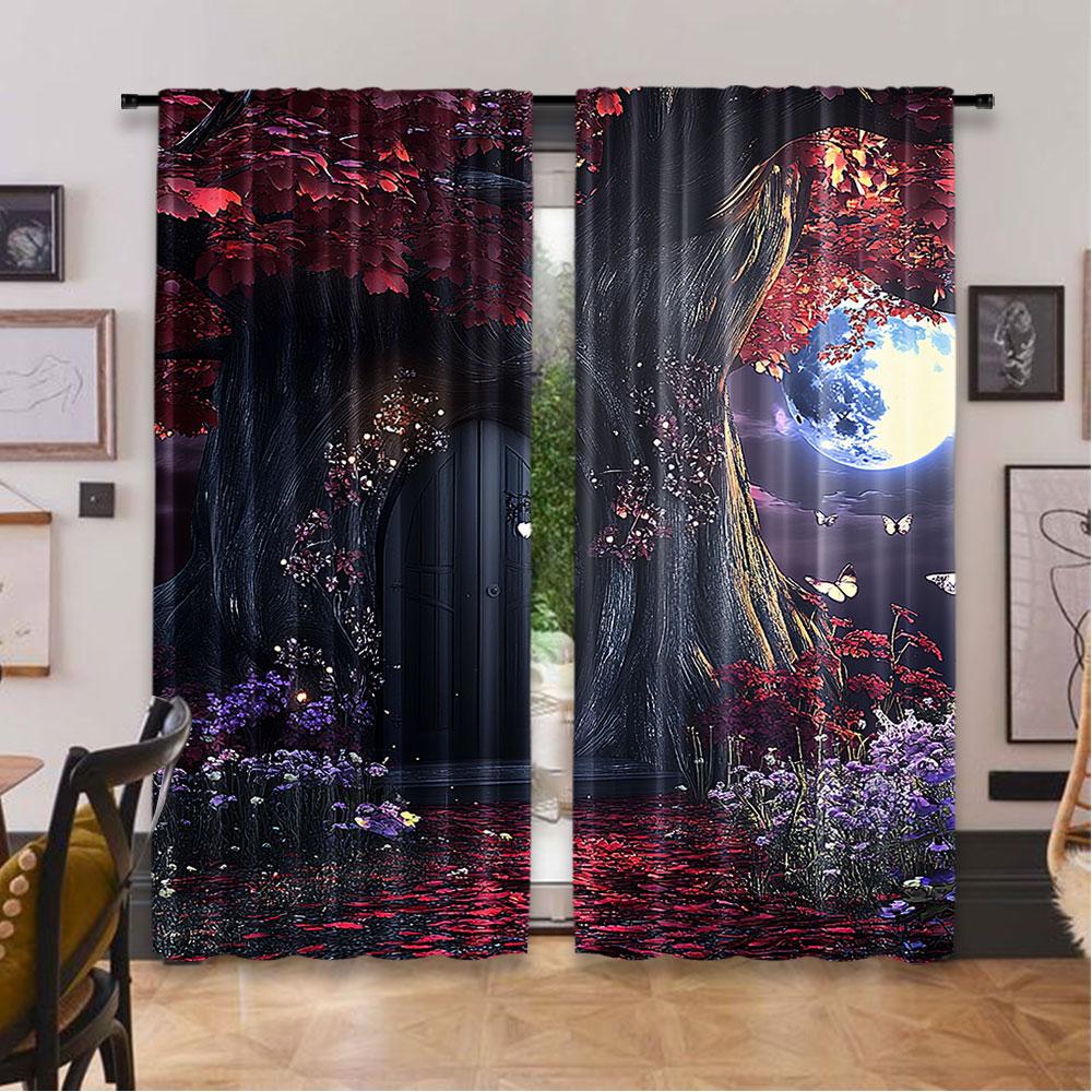 2Pcs Forest Curtain Dark Gothic Themed Scene With Magic Tree And Secret Cave Moon Suitable For Living Room And Bedroom