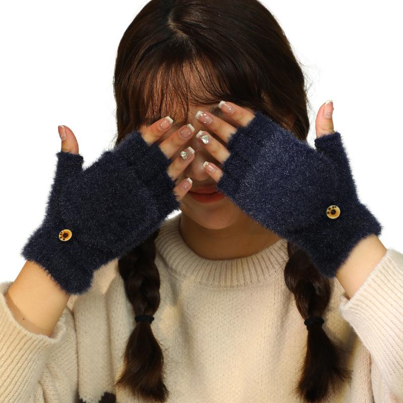 Koreanische Mode Einfarbige Halbfinger-Klapphandschuhe Warm für Damen im Winter Kältefest Verdickt Doppelzweck Wolle Gestrickt