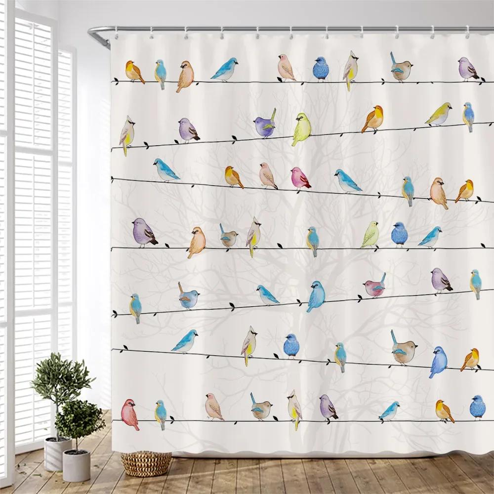 Cartoon Colorful Birds Shower Curtains Creative Design Watercolor Printing Chinese Style Cloth Bathroom Curtain Set Simple Dec