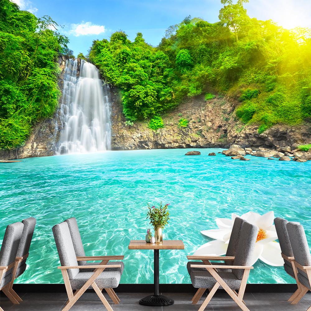 Waterfall River 3d Murals Wallpaper, Forest Lotus Large Wall Mural Modern Bedroom Baby Room Living Wall Paper
