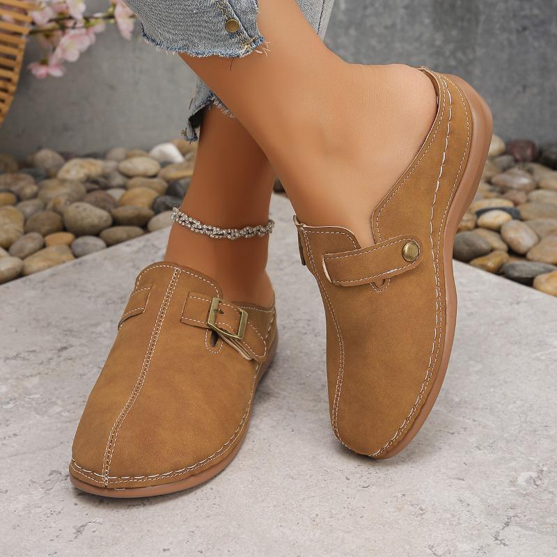 Fashion Plus Size 2025 Summer New Women's Closed Toe Slippers Hot Sale Round Toe Buckle Low Heel Sandals Outdoor Daily Casual Slippers