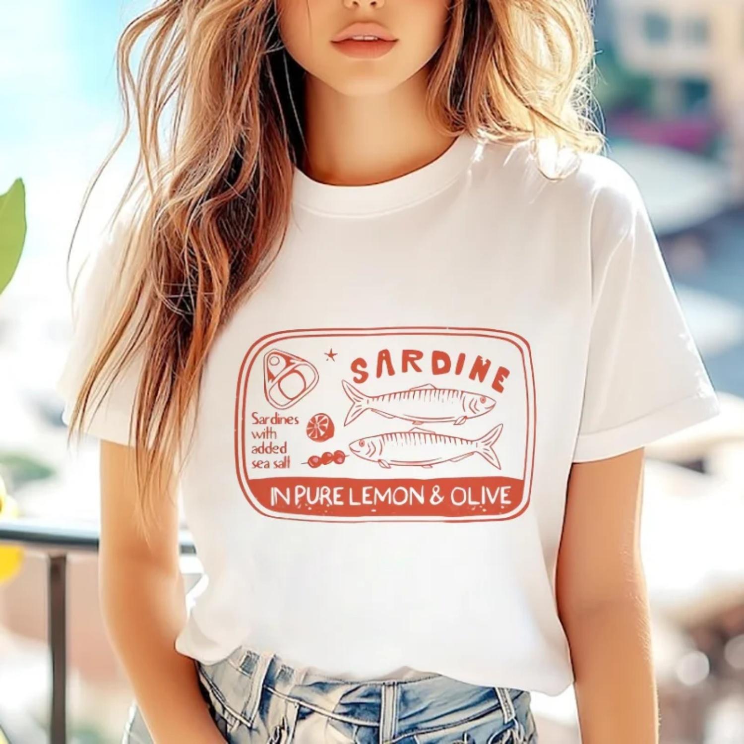 

Sardine Lover Pattern Women s Summer Short Sleeve Fashion 90s Clothing Print Casual Style Women s Top Travel Holiday T-Shirt XXXXXL білий