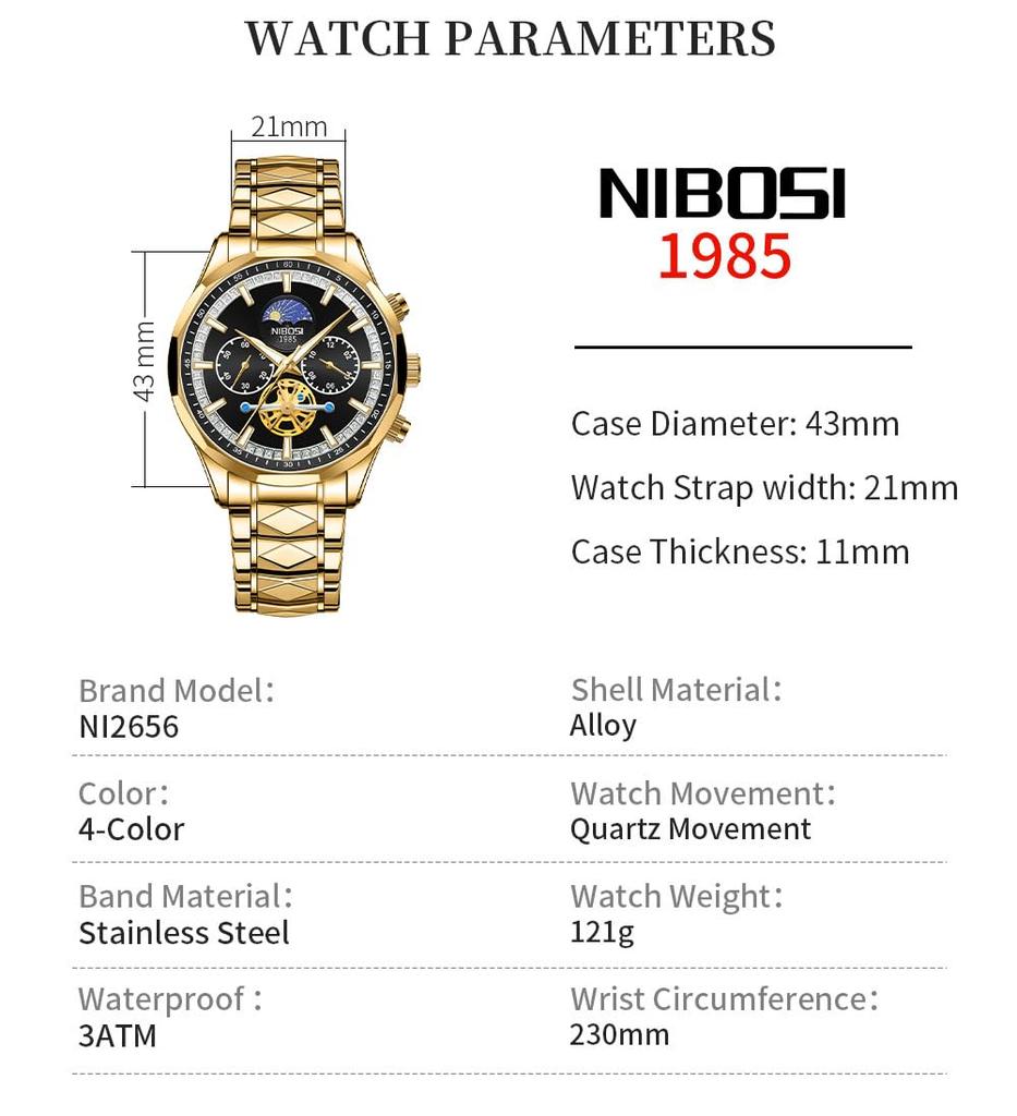 NIBOSI Business Große Marke Metall Edelstahl Uhr für Herren Herrenarmbanduhr, Chronograph, Zifferblatt, Name, Stilvoll, Lässig, Armband, Stahl, Analog, Skelett,