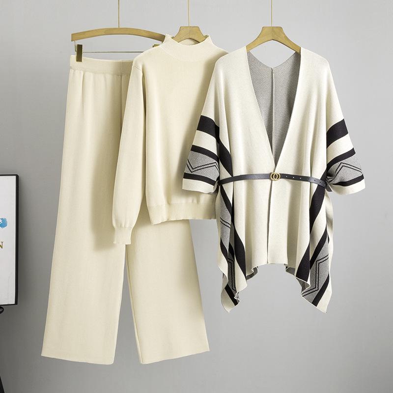 Women's Cross-Border Fashion: Knit Shawl Cardigan, High Neck Sweater, and Wide-Leg Pants Set.
