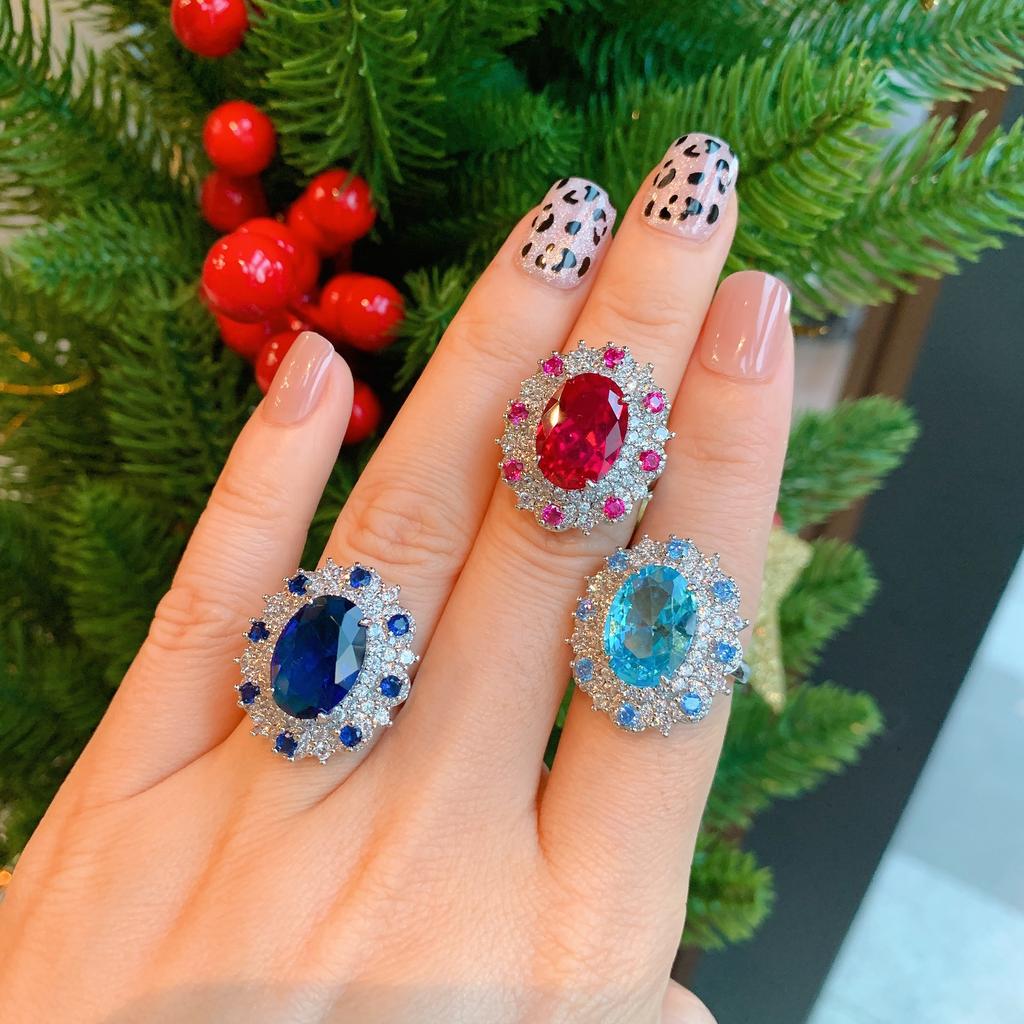 Pendant Necklace Women'S Creative Micro-Inlaid Zircon Sea Blue Red And Blue Women'S Ring