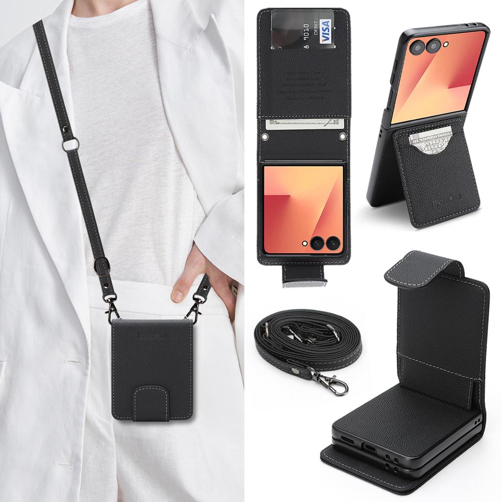 Crossbody Long Lanyard Cards Solt Leather Phone Case for Samsung Galaxy Z Flip 7 6 5 4 3 Comfortable Grip Kickstand Bag Cover