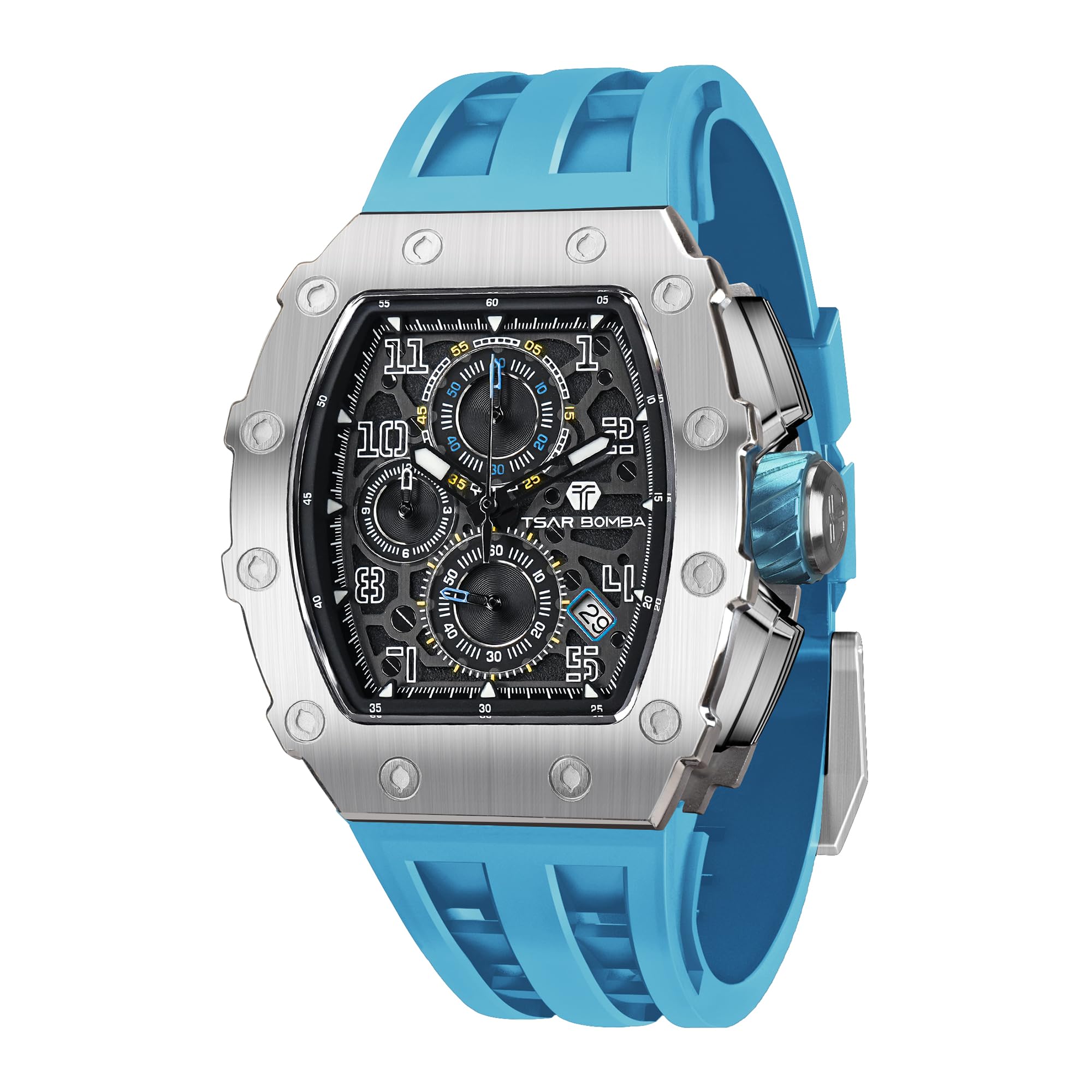TSAR BOMBA Men s Luxury Tonneau Chronograph Watch 50M Waterproof Skeleton Day-Date Diving Sport Quartz Sapphire Crystal