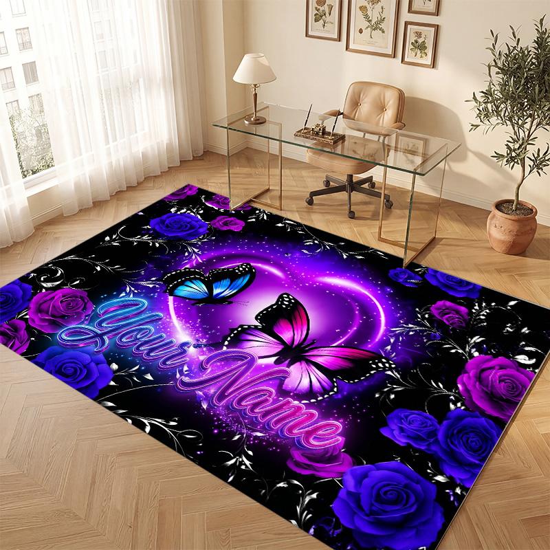 Butterfly Theme Soft Crystal Velvet Rug Custom Name & Text Print Non Slip Floor Rug for Bedroom Living Room