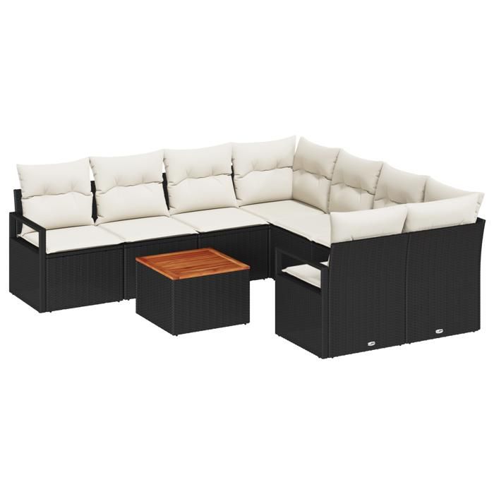 Ensemble de Canapé de Jardin 9 Pièces avec Coussins en Rotin Poly Noir Acacia, Canapé de Jardin 2 Places avec Rangement 3356353