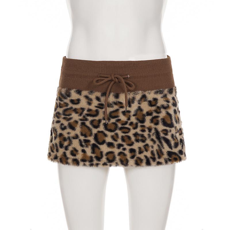 Y2K Leopard Patchwork Lace-Up Mini Skirt with Waistband