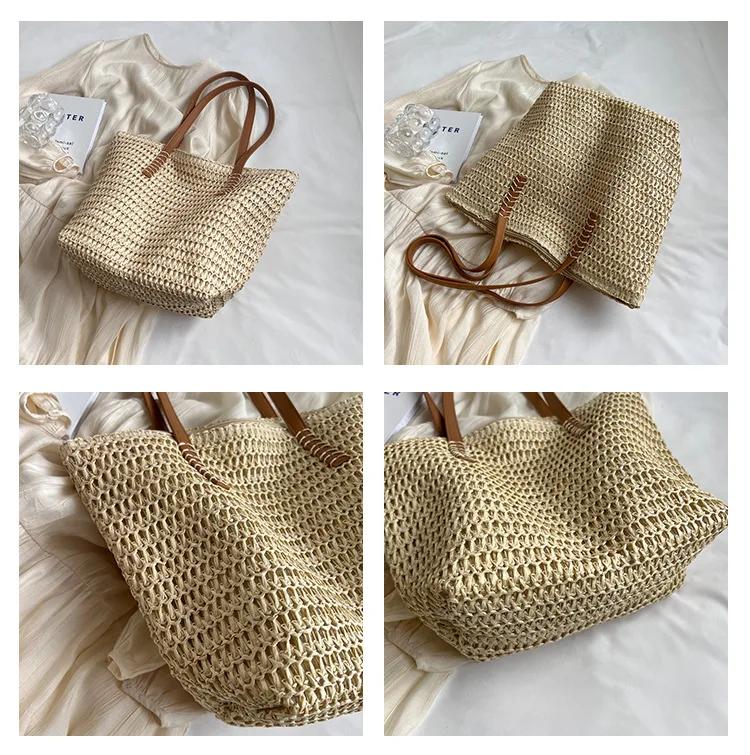 Womens Fashion Handmade Woven Straw Handbag Summer Holiday Beach Zipper Tote Top-Handle Bags Large Capacity Bucket Shoulder Bags
