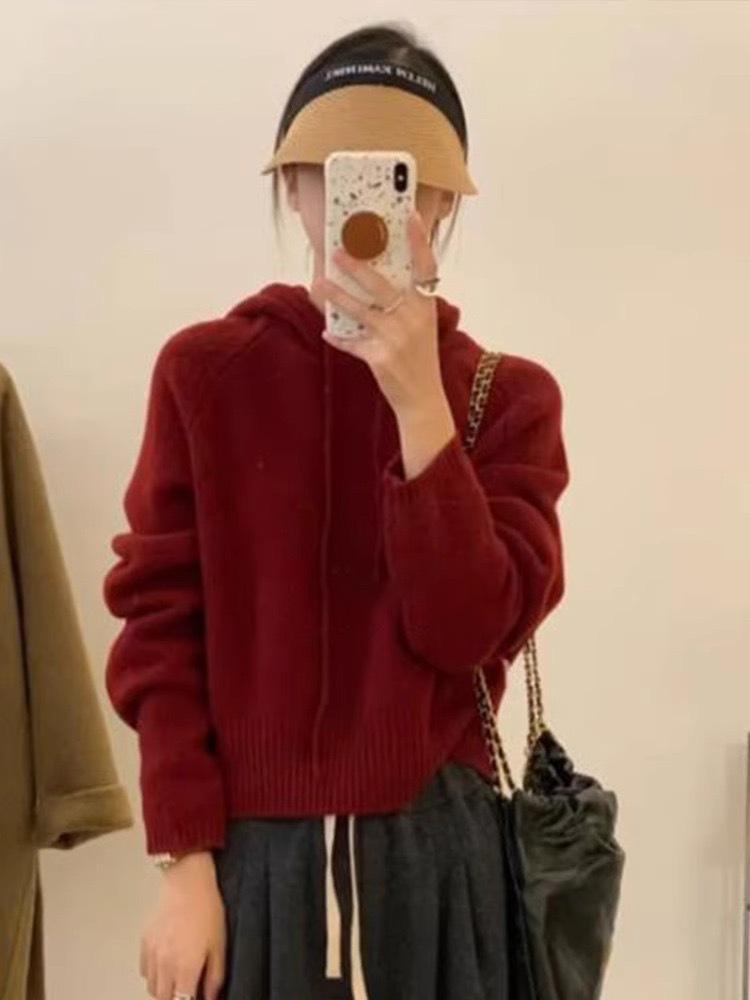 Women's Chic Red Retro Wool Hooded Sweater
